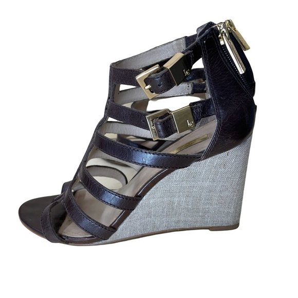 LOUISE ET CIE OPIO Sz 38/8 Brown Leather Tweed Wedges Multi-strap Sandals - Picture 3 of 12